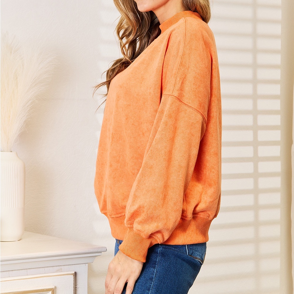 NEW Basic Bae Orange Vintage Wash Oversized Crew Neck Sweatshirt - Picture 7 of 8